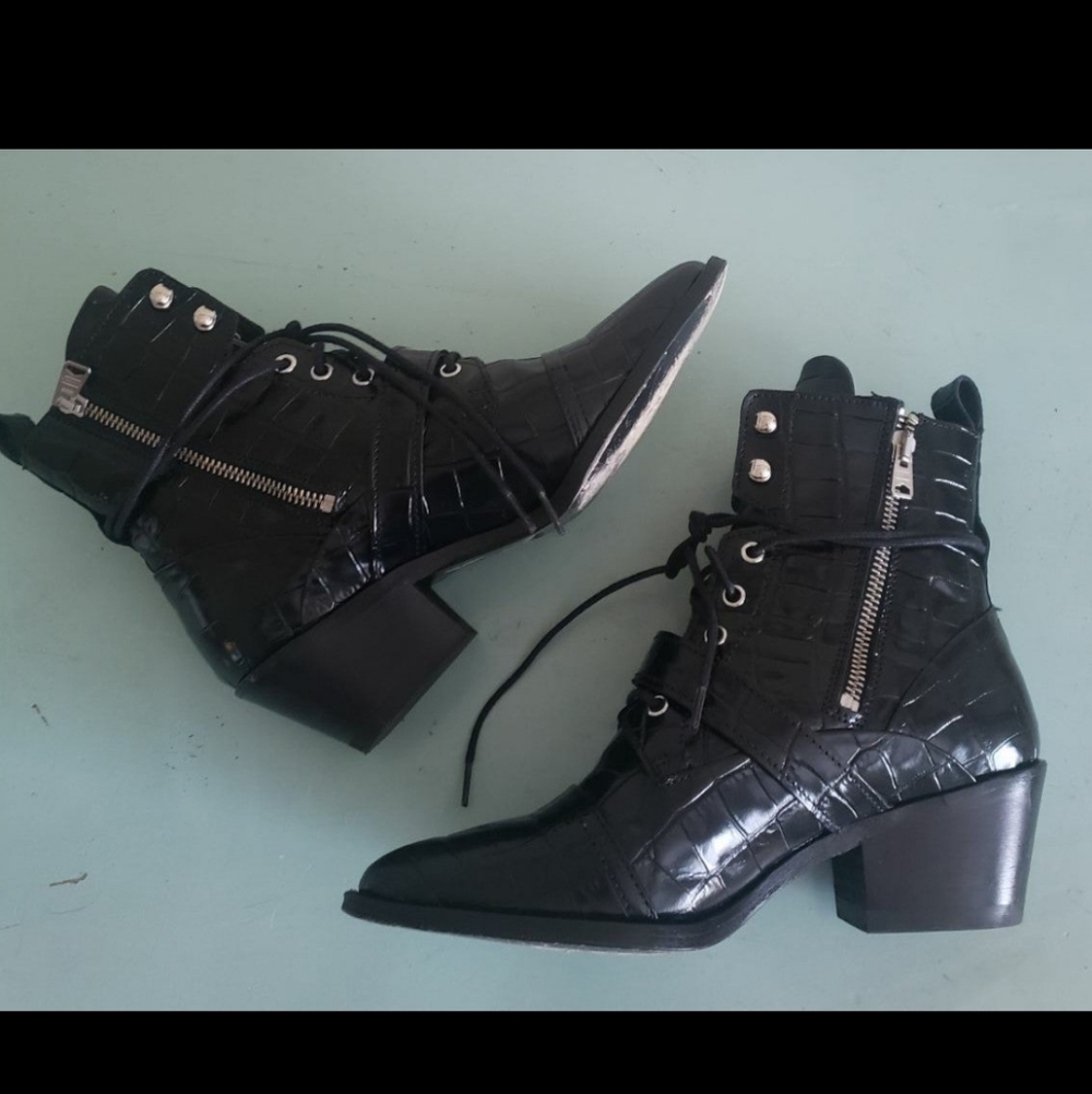 All Saints Black Lace Up Boots with Crocodile Texture